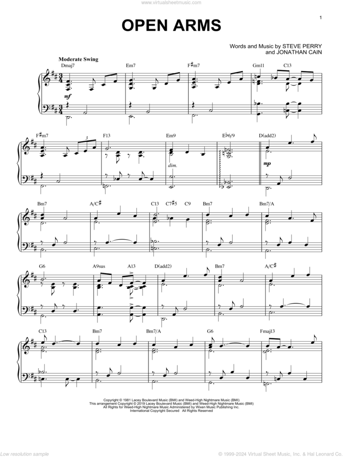 Open Arms [Jazz version] sheet music for piano solo by Journey, Jonathan Cain and Steve Perry, intermediate skill level