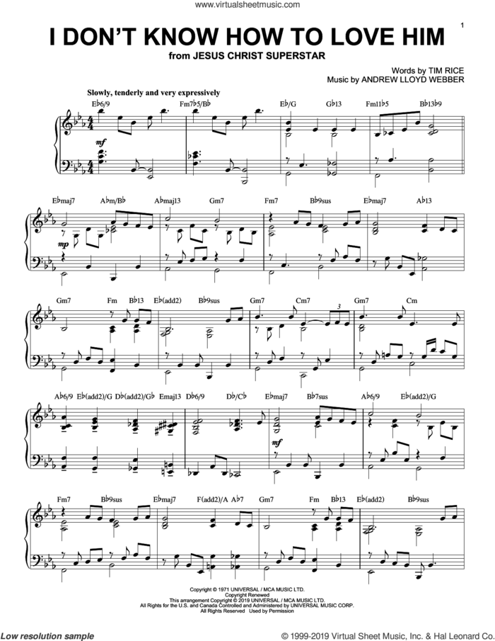 I Don't Know How To Love Him [Jazz version] (from Jesus Christ Superstar) sheet music for piano solo by Andrew Lloyd Webber and Tim Rice, intermediate skill level