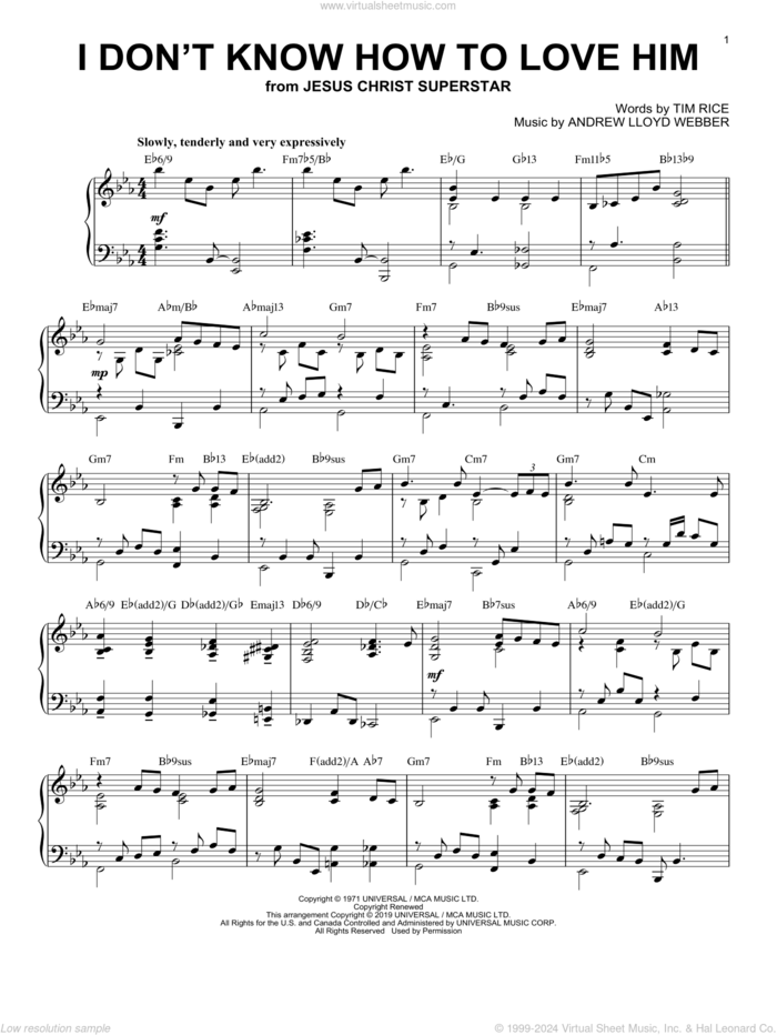 I Don't Know How To Love Him [Jazz version] (from Jesus Christ Superstar) sheet music for piano solo by Andrew Lloyd Webber and Tim Rice, intermediate skill level