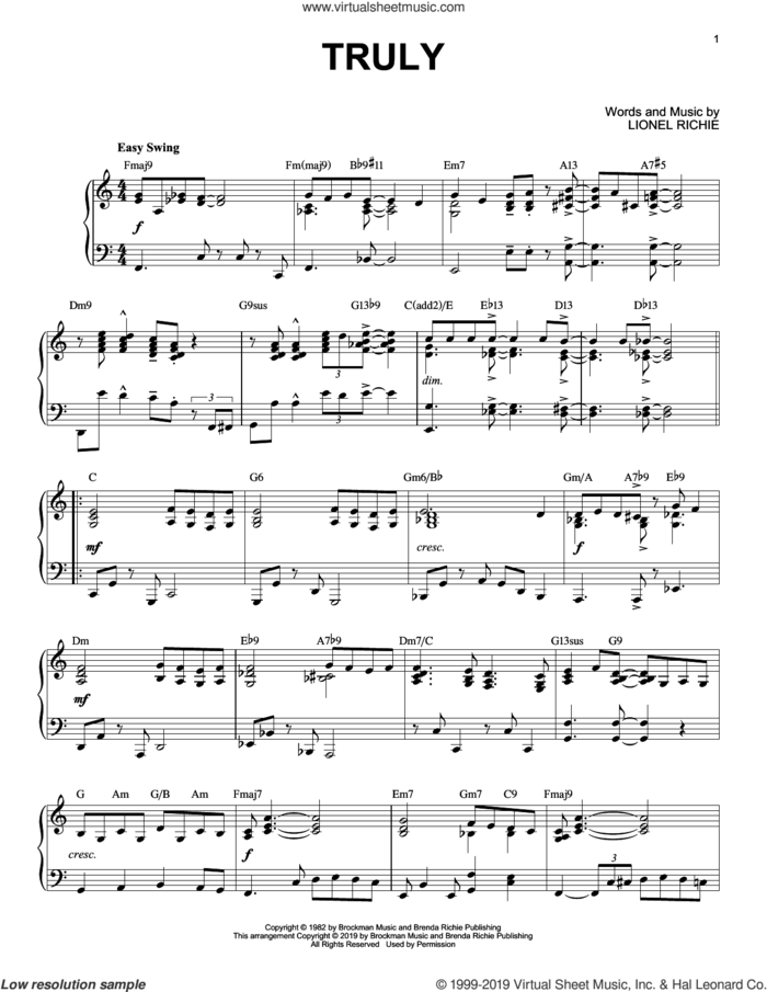 Truly [Jazz version] sheet music for piano solo by Lionel Richie, intermediate skill level