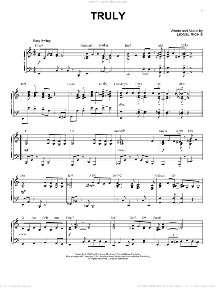 Truly [Jazz version] sheet music for piano solo by Lionel Richie, intermediate skill level