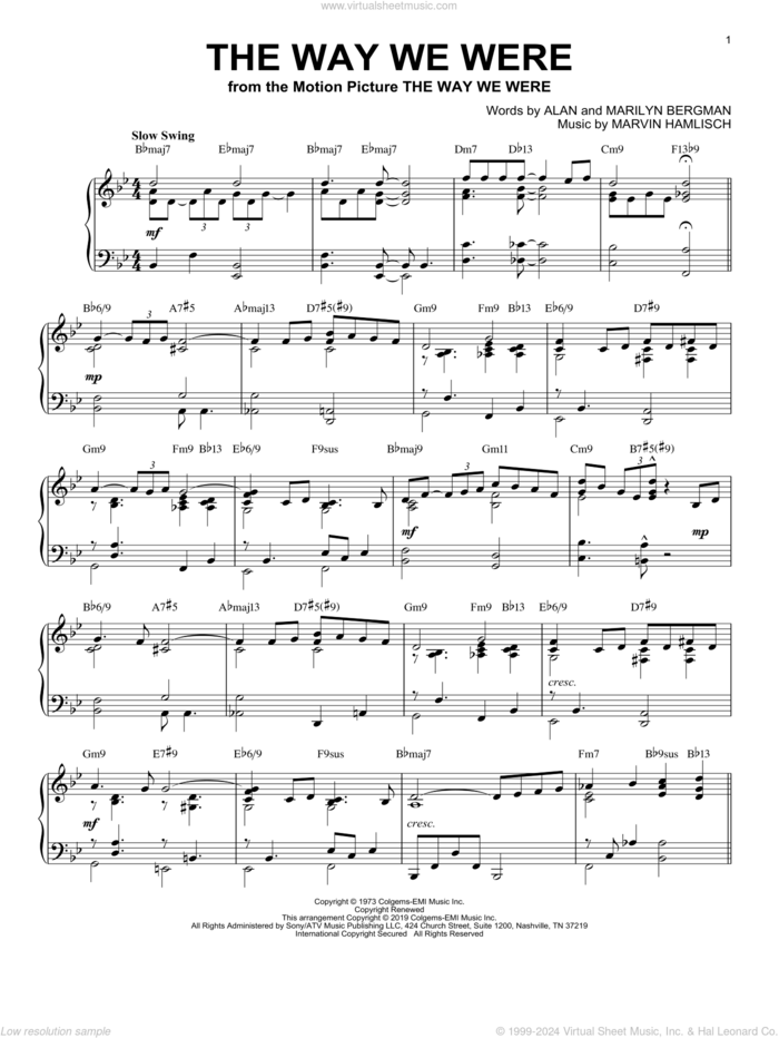 The Way We Were [Jazz version] sheet music for piano solo by Barbra Streisand, Alan Bergman, Marilyn Bergman and Marvin Hamlisch, intermediate skill level