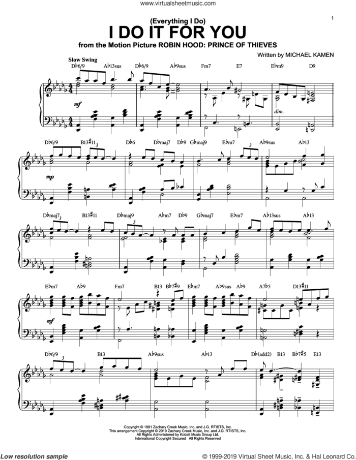 (Everything I Do) I Do It For You [Jazz version] sheet music for piano solo by Bryan Adams, Michael Kamen and Robert John Lange, intermediate skill level