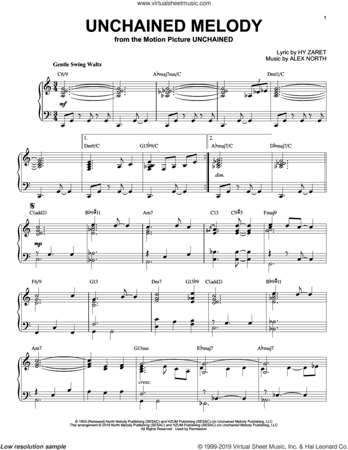 Unchained Melody [Jazz version] sheet music for piano solo by The Righteous Brothers, Alex North and Hy Zaret, wedding score, intermediate skill level
