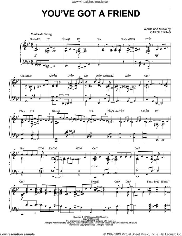You've Got A Friend [Jazz version] sheet music for piano solo by James Taylor and Carole King, intermediate skill level