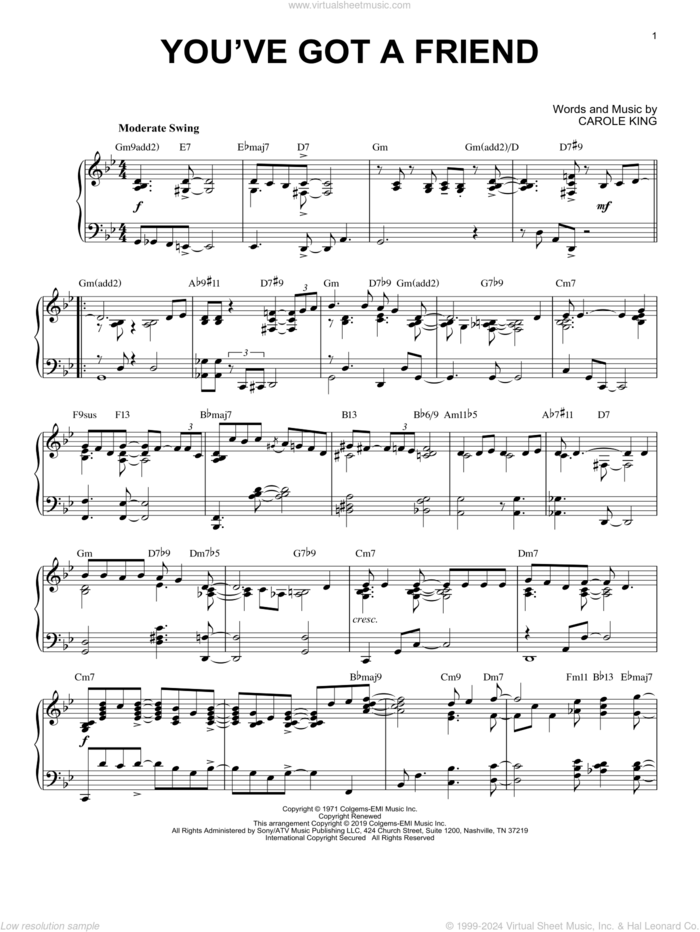 You've Got A Friend [Jazz version] sheet music for piano solo by James Taylor and Carole King, intermediate skill level