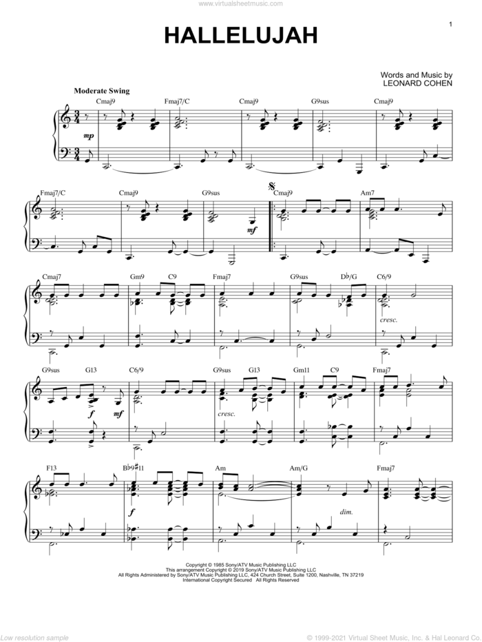 Hallelujah [Jazz version] sheet music for piano solo by Leonard Cohen, intermediate skill level