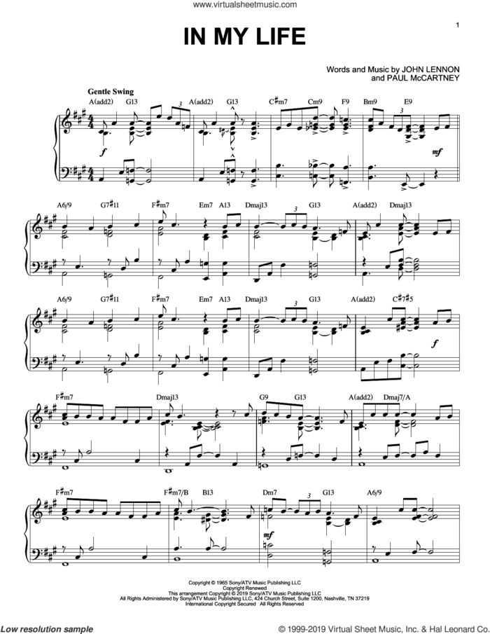 In My Life [Jazz version] sheet music for piano solo by The Beatles, John Lennon and Paul McCartney, wedding score, intermediate skill level