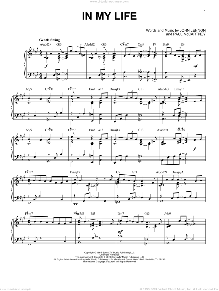 In My Life [Jazz version] sheet music for piano solo by The Beatles, John Lennon and Paul McCartney, wedding score, intermediate skill level