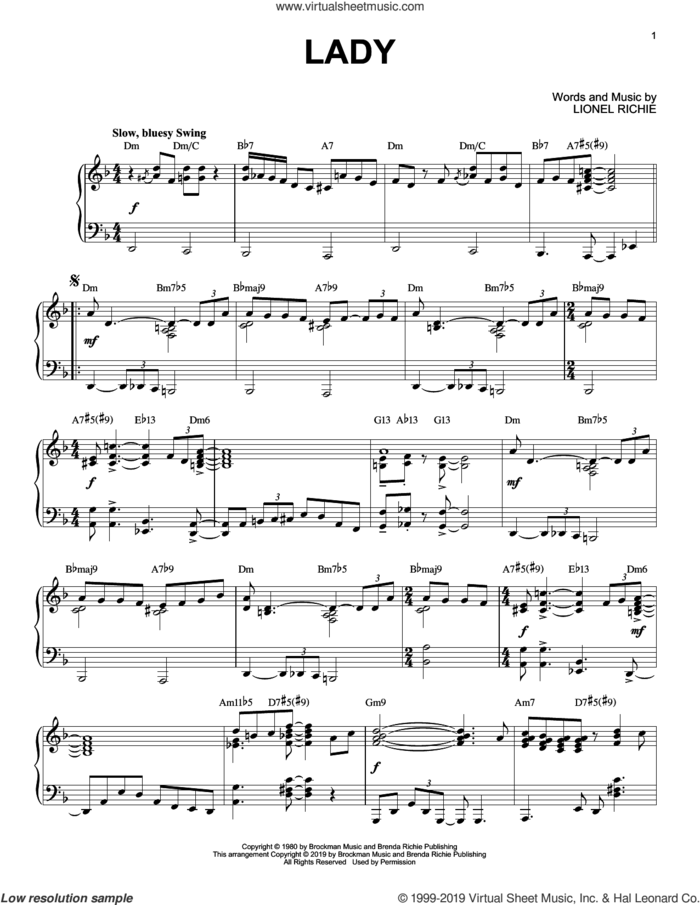 Lady [Jazz version] sheet music for piano solo by Lionel Richie and Kenny Rogers, intermediate skill level