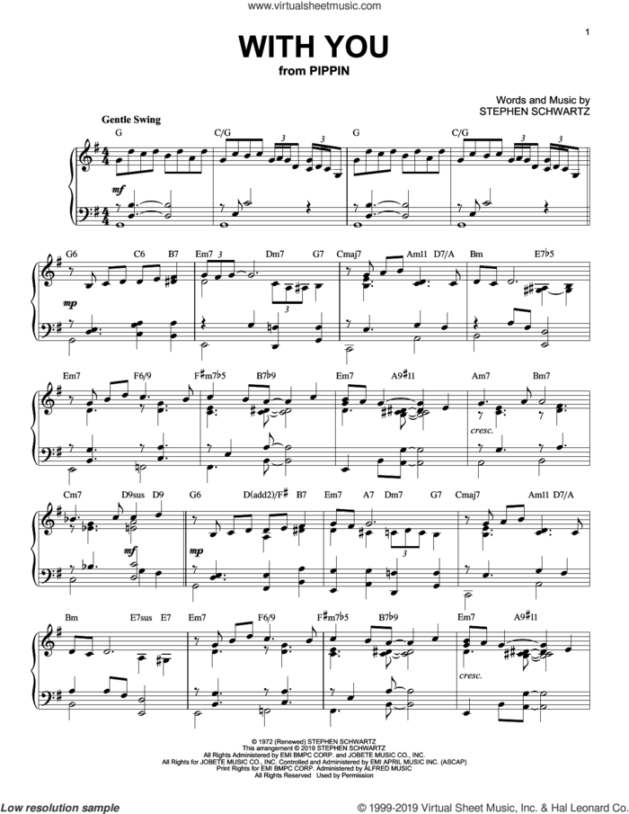 With You [Jazz version] (from Pippin) sheet music for piano solo by Stephen Schwartz, intermediate skill level