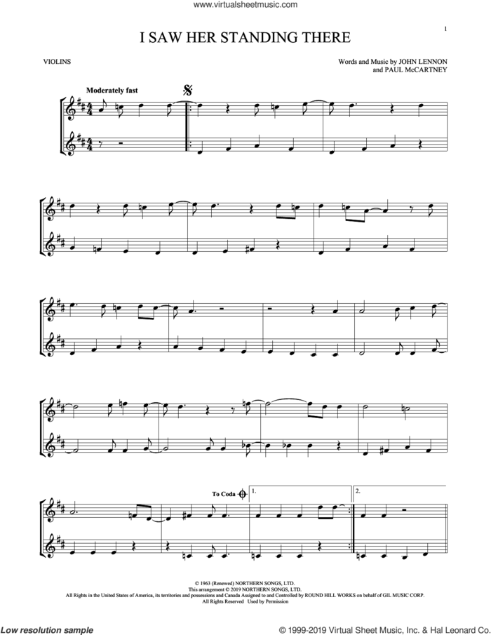 I Saw Her Standing There (arr. Mark Phillips) sheet music for two violins (duets, violin duets) by The Beatles, Mark Phillips, John Lennon and Paul McCartney, intermediate skill level