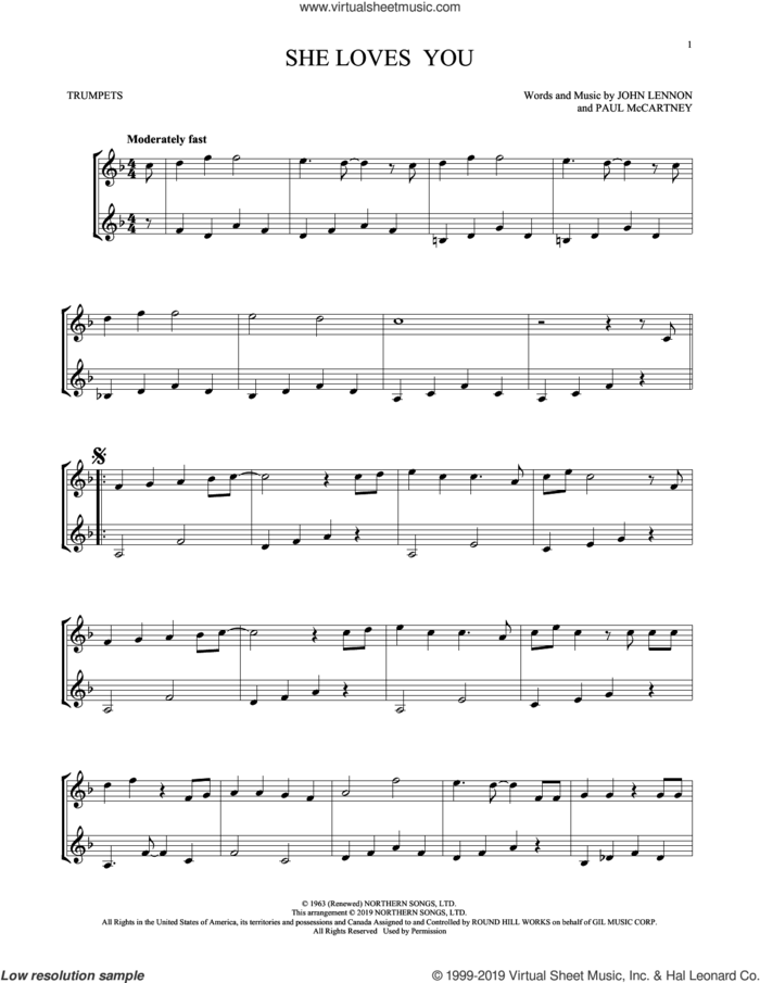 She Loves You (arr. Mark Phillips) sheet music for two trumpets (duet, duets) by The Beatles, Mark Phillips, John Lennon and Paul McCartney, intermediate skill level