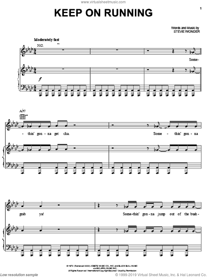 Keep On Running sheet music for voice, piano or guitar by Stevie Wonder, intermediate skill level