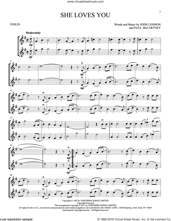 She Loves You sheet music for two violins (duets, violin duets) by The Beatles, John Lennon and Paul McCartney, intermediate skill level
