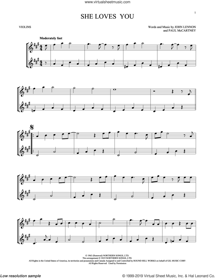 She Loves You (arr. Mark Phillips) sheet music for two violins (duets, violin duets) by The Beatles, Mark Phillips, John Lennon and Paul McCartney, intermediate skill level