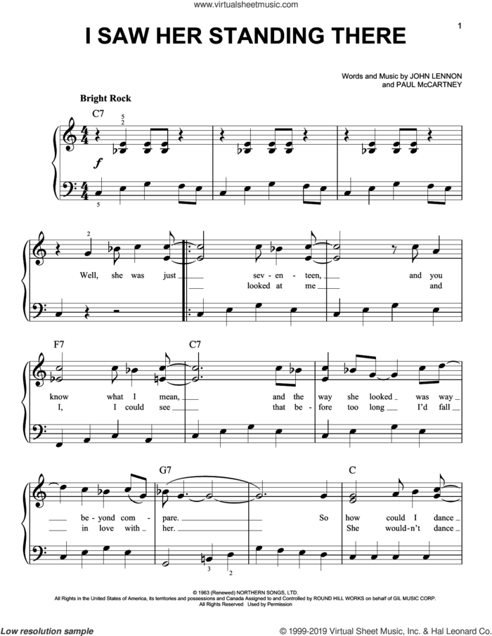 I Saw Her Standing There, (easy) sheet music for piano solo by The Beatles, John Lennon and Paul McCartney, easy skill level