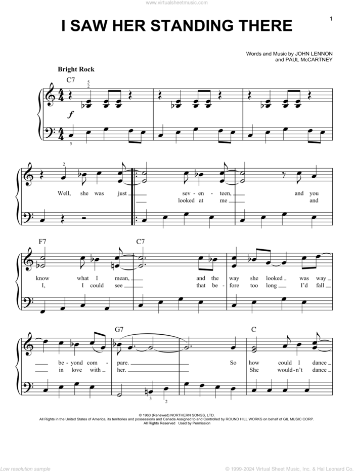 I Saw Her Standing There, (easy) sheet music for piano solo by The Beatles, John Lennon and Paul McCartney, easy skill level