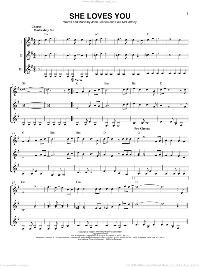 She Loves You sheet music for guitar ensemble by The Beatles, John Lennon and Paul McCartney, intermediate skill level