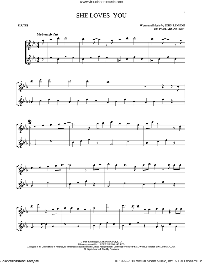 She Loves You (arr. Mark Phillips) sheet music for two flutes (duets) by The Beatles, Mark Phillips, John Lennon and Paul McCartney, intermediate skill level