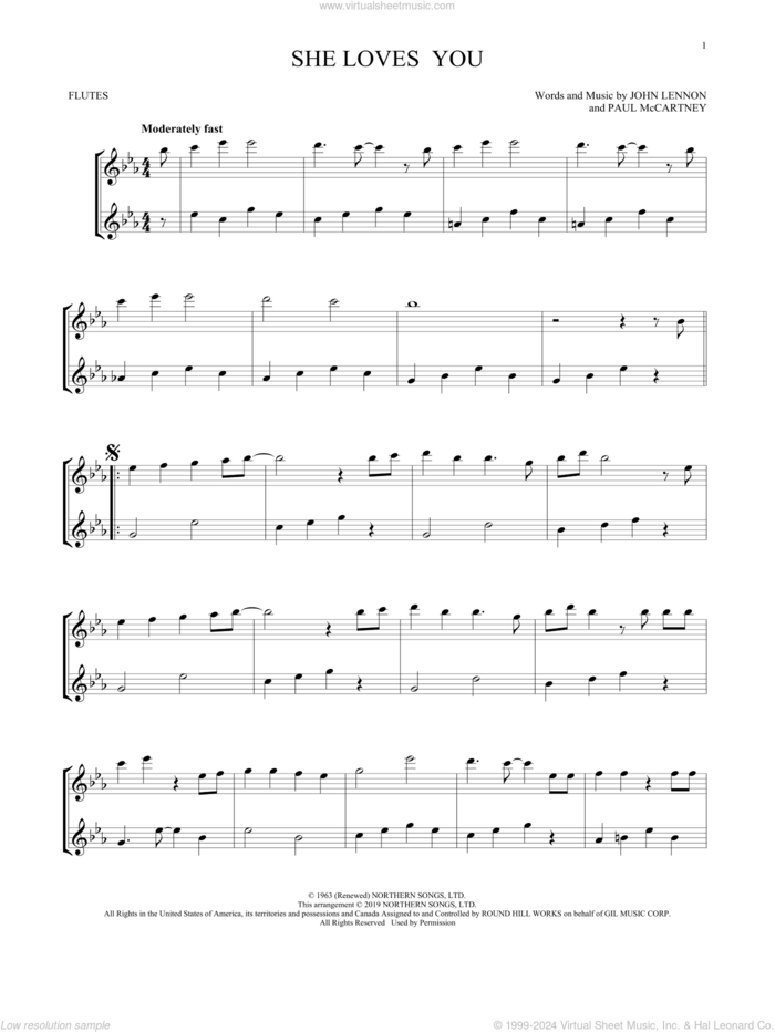 She Loves You (arr. Mark Phillips) sheet music for two flutes (duets) by The Beatles, Mark Phillips, John Lennon and Paul McCartney, intermediate skill level