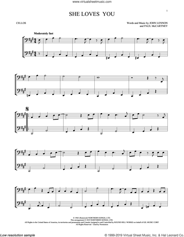 She Loves You (arr. Mark Phillips) sheet music for two cellos (duet, duets) by The Beatles, Mark Phillips, John Lennon and Paul McCartney, intermediate skill level