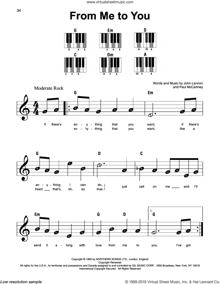 From Me To You sheet music for piano solo by The Beatles, John Lennon and Paul McCartney, beginner skill level