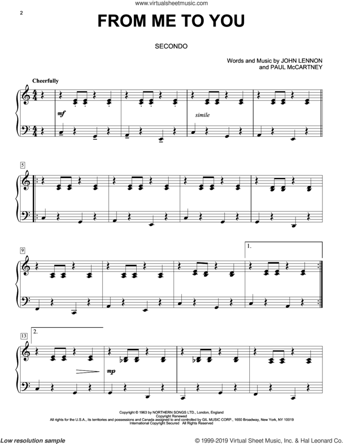 From Me To You sheet music for piano four hands by The Beatles, John Lennon and Paul McCartney, intermediate skill level
