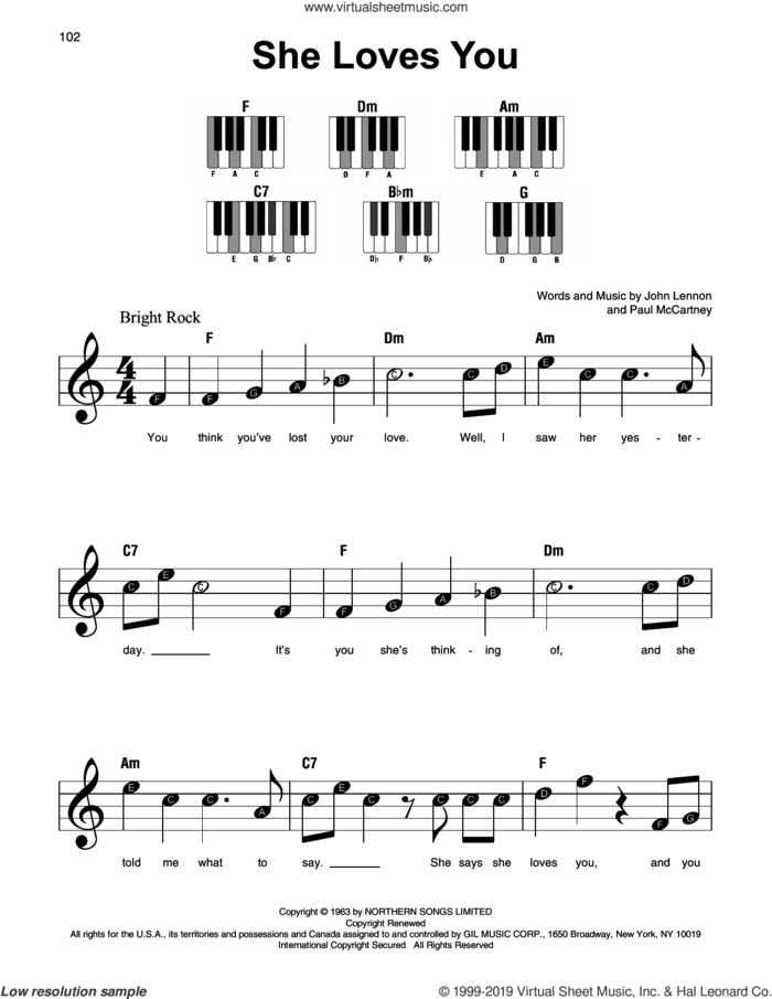 She Loves You sheet music for piano solo by The Beatles, John Lennon and Paul McCartney, beginner skill level