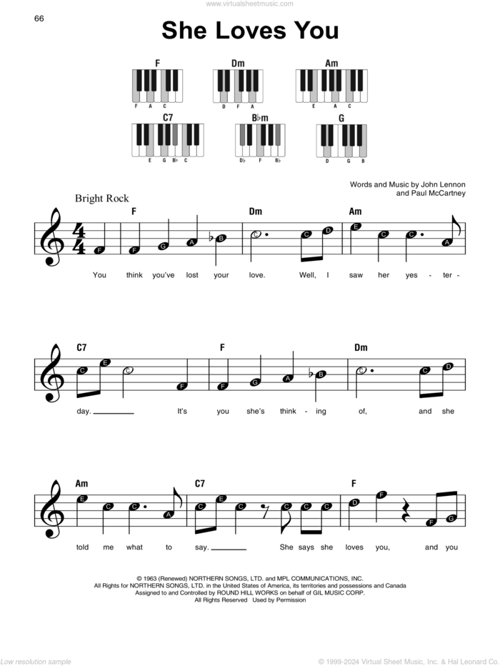 She Loves You sheet music for piano solo by The Beatles, John Lennon and Paul McCartney, beginner skill level