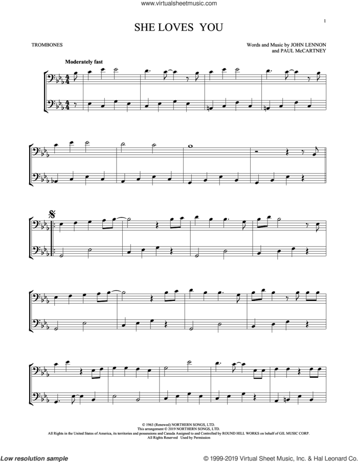 She Loves You (arr. Mark Phillips) sheet music for two trombones (duet, duets) by The Beatles, Mark Phillips, John Lennon and Paul McCartney, intermediate skill level