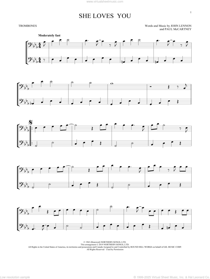 She Loves You (arr. Mark Phillips) sheet music for two trombones (duet, duets) by The Beatles, Mark Phillips, John Lennon and Paul McCartney, intermediate skill level