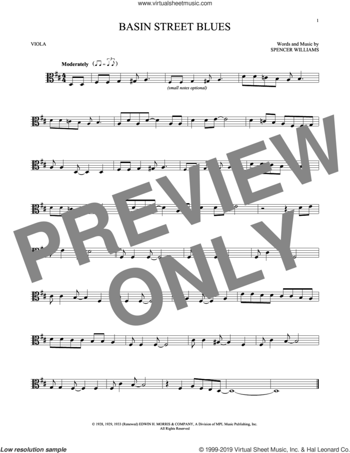 Basin Street Blues sheet music for viola solo by Spencer Williams, intermediate skill level