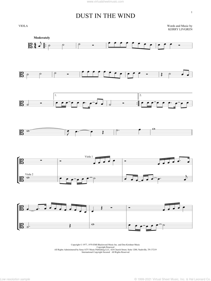 Dust In The Wind sheet music for viola solo by Kansas and Kerry Livgren, intermediate skill level