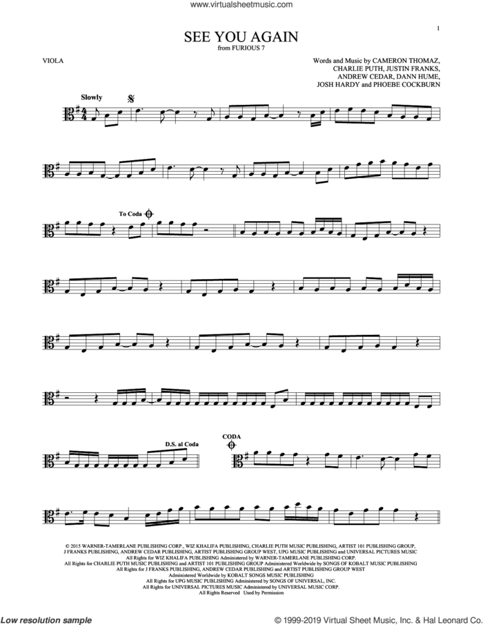 See You Again (feat. Charlie Puth) sheet music for viola solo by Wiz Khalifa, Andrew Cedar, Cameron Thomaz, Charlie Puth and Justin Franks, intermediate skill level