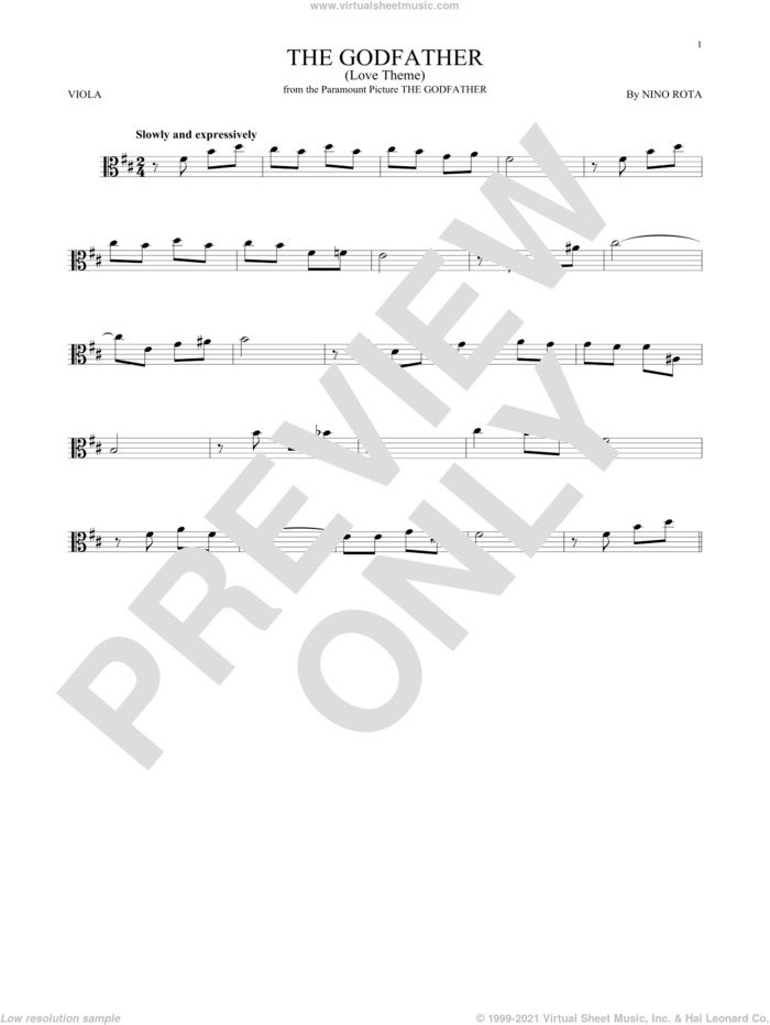 The Godfather (Love Theme) sheet music for viola solo by Nino Rota, intermediate skill level