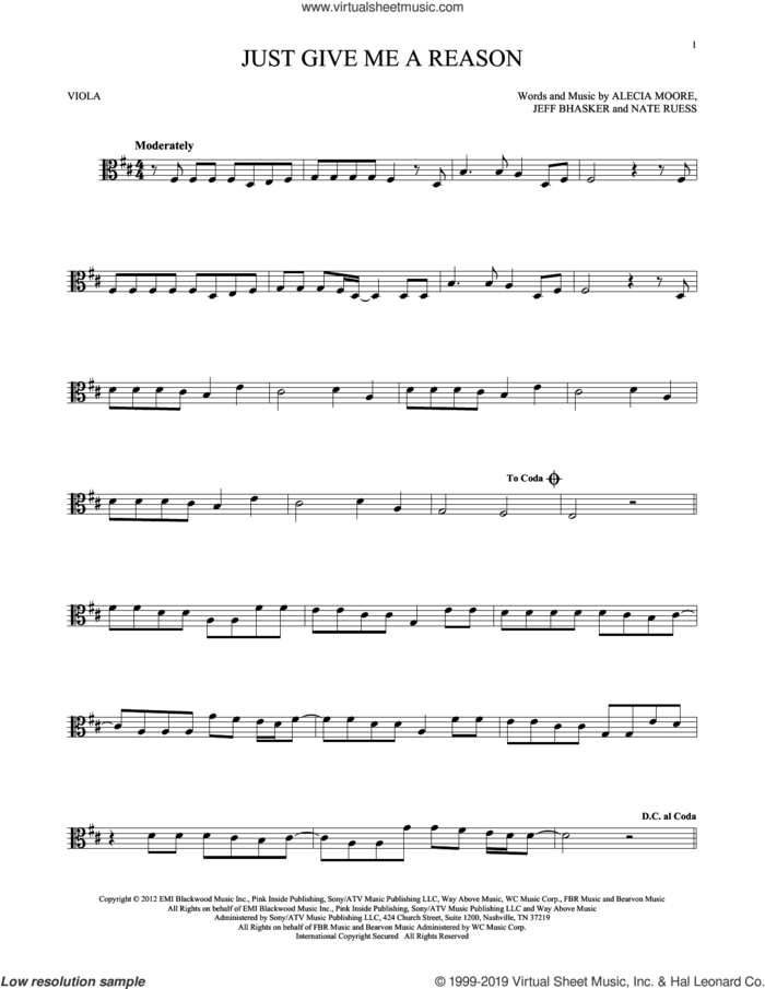 Just Give Me A Reason (feat. Nate Ruess) sheet music for viola solo by Jeff Bhasker, Miscellaneous, Alecia Moore and Nate Ruess, intermediate skill level
