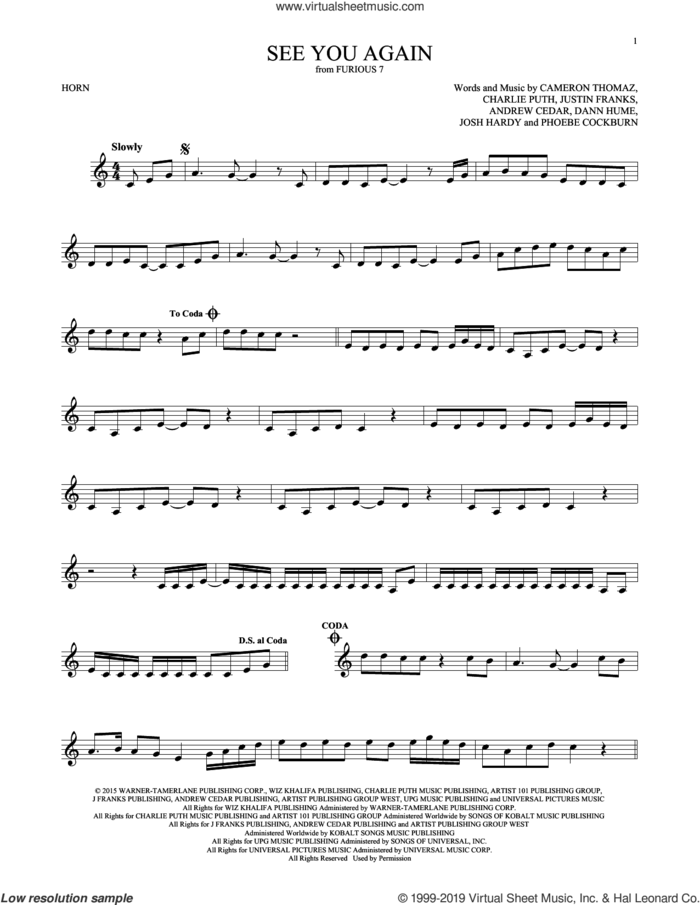 See You Again (feat. Charlie Puth) sheet music for horn solo by Wiz Khalifa, Andrew Cedar, Cameron Thomaz, Charlie Puth and Justin Franks, intermediate skill level