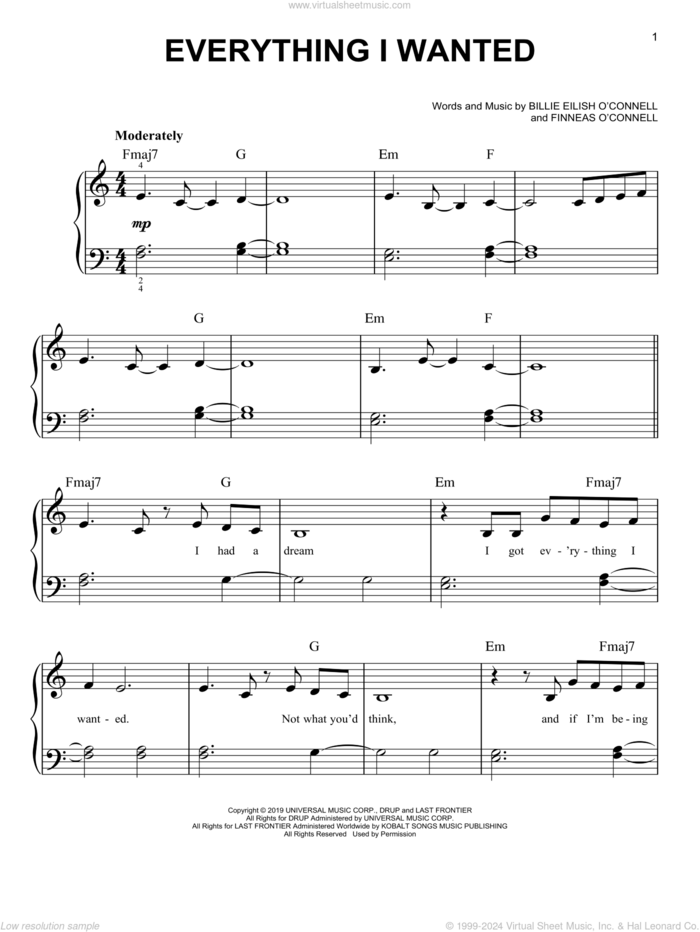 everything i wanted, (easy) sheet music for piano solo by Billie Eilish, easy skill level