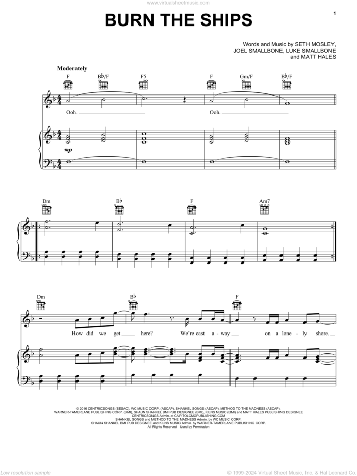 Burn The Ships sheet music for voice, piano or guitar by for KING & COUNTRY, Joel Smallbone, Luke Smallbone, Matt Hales and Seth Mosley, intermediate skill level