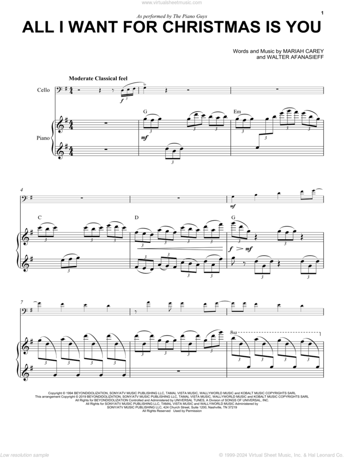 All I Want For Christmas Is You sheet music for cello and piano by The Piano Guys, Mariah Carey and Walter Afanasieff, intermediate skill level