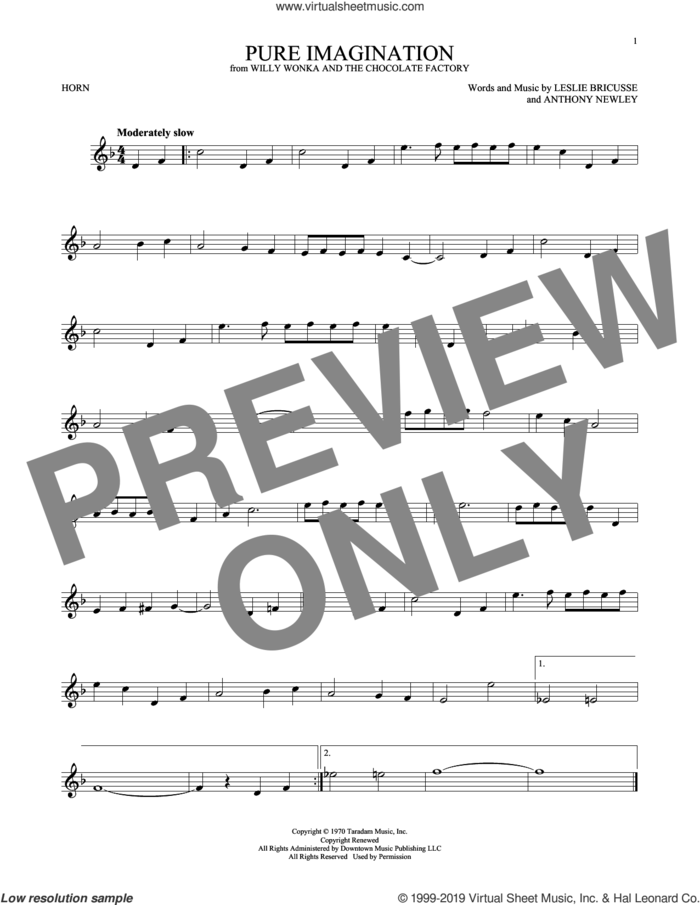 Pure Imagination (from Willy Wonka and The Chocolate Factory) sheet music for horn solo by Gene Wilder, Anthony Newley and Leslie Bricusse, intermediate skill level