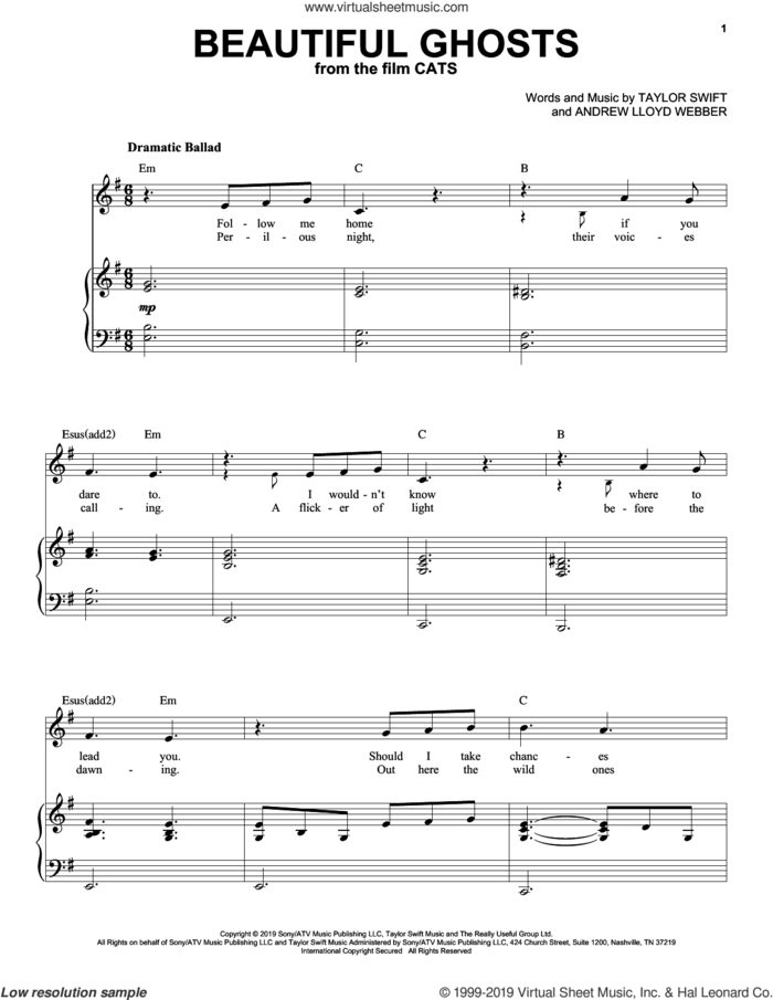 Beautiful Ghosts (from the Motion Picture Cats) sheet music for voice and piano by Taylor Swift and Andrew Lloyd Webber, intermediate skill level