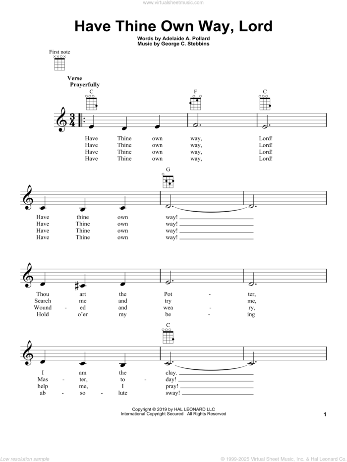 Have Thine Own Way, Lord sheet music for ukulele by George C. Stebbins and Adelaide A. Pollard, intermediate skill level