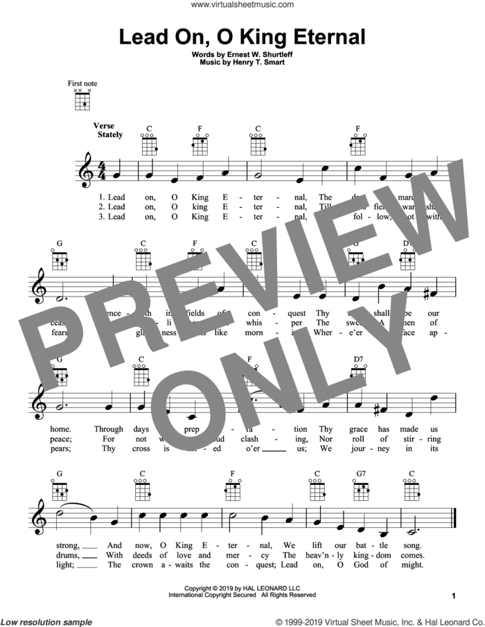 Lead On, O King Eternal sheet music for ukulele by Henry T. Smart and Ernest W. Shurtleff, intermediate skill level