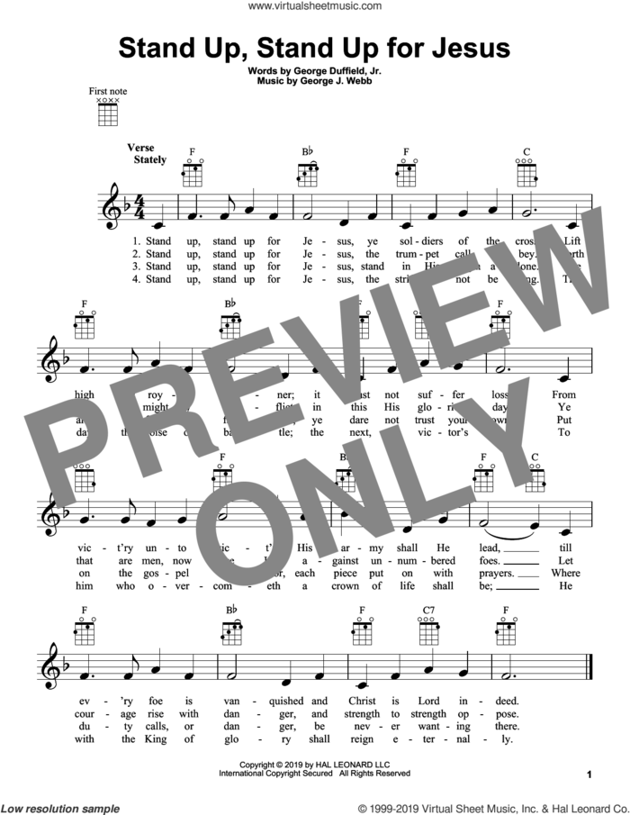 Stand Up, Stand Up For Jesus sheet music for ukulele by George Webb and George Duffield, Jr., intermediate skill level