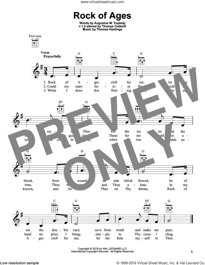 Rock Of Ages sheet music for ukulele by Augustus M. Toplady, Thomas Hastings and V.1,2,4 Thomas Cotterill, intermediate skill level