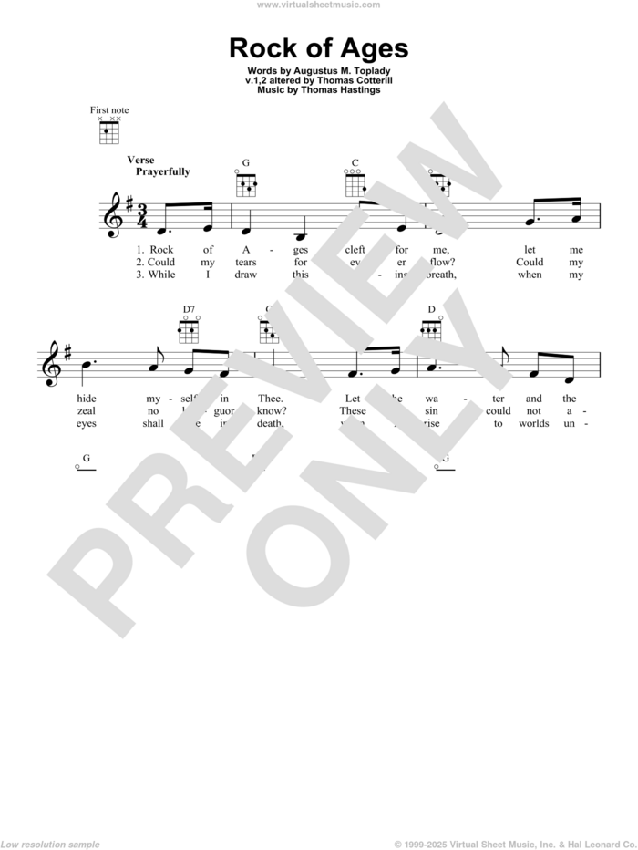 Rock Of Ages sheet music for ukulele by Augustus M. Toplady, Thomas Hastings and V.1,2,4 Thomas Cotterill, intermediate skill level