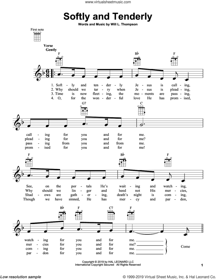 Softly And Tenderly sheet music for ukulele by Will L. Thompson, intermediate skill level