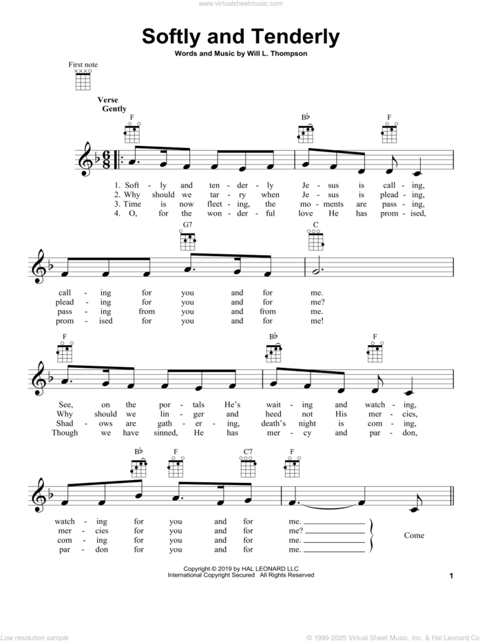 Softly And Tenderly sheet music for ukulele by Will L. Thompson, intermediate skill level